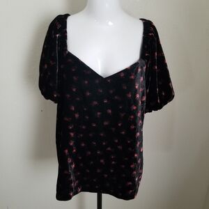 LOFT Black Velvet Blouse with Red Floral Pattern